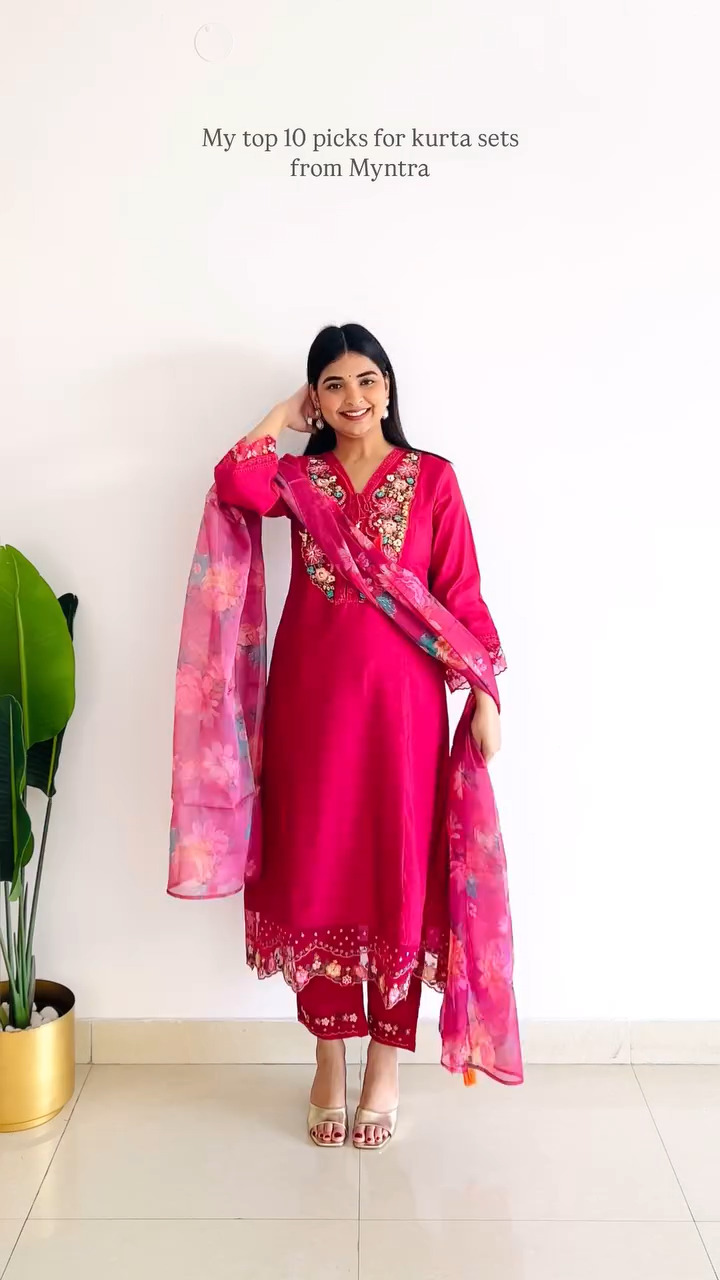 Vibrant Pink Floral Embroidered Kurta Set with Printed Dupatta